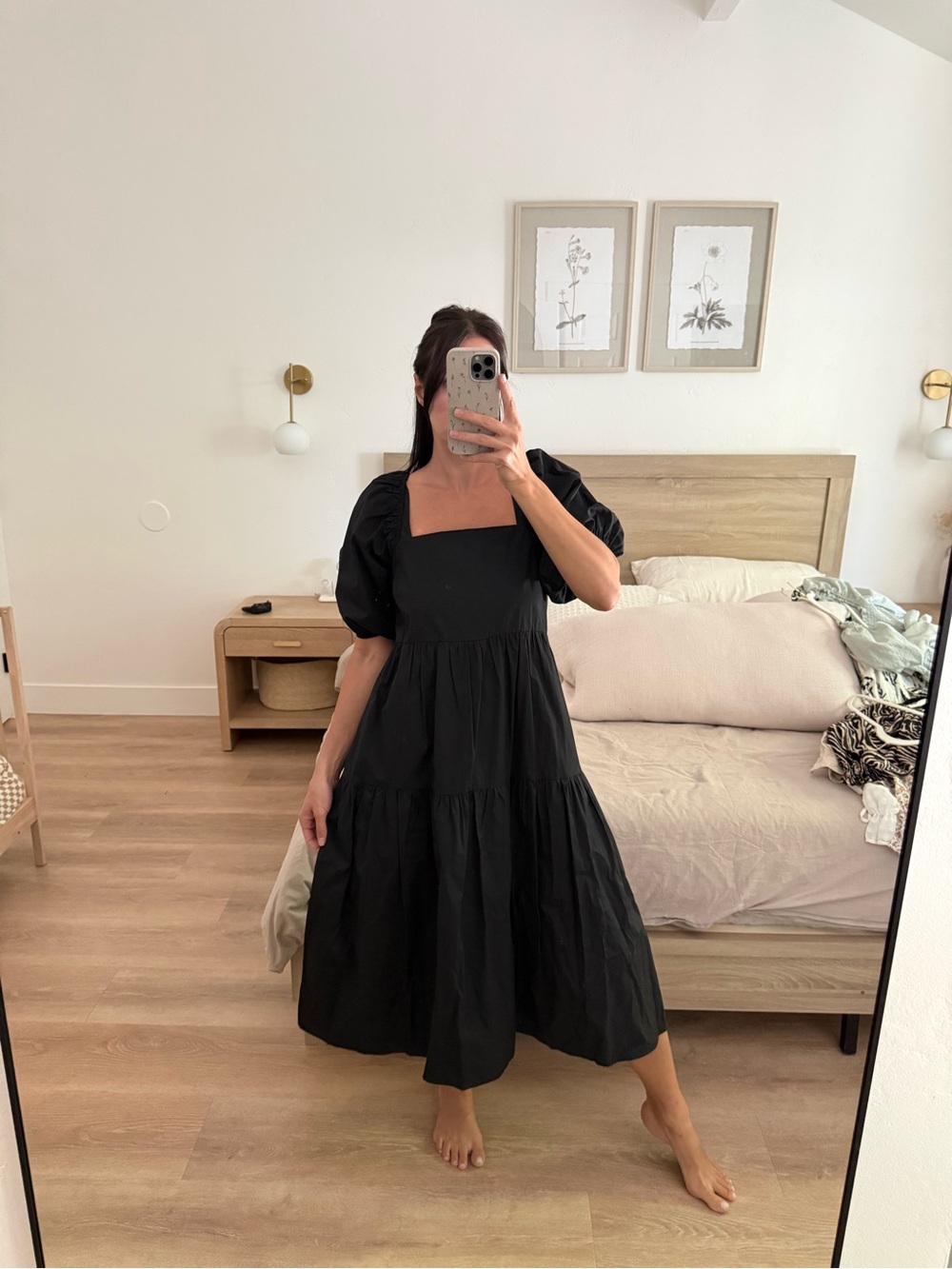 Black Puff Sleeve Midi Dress